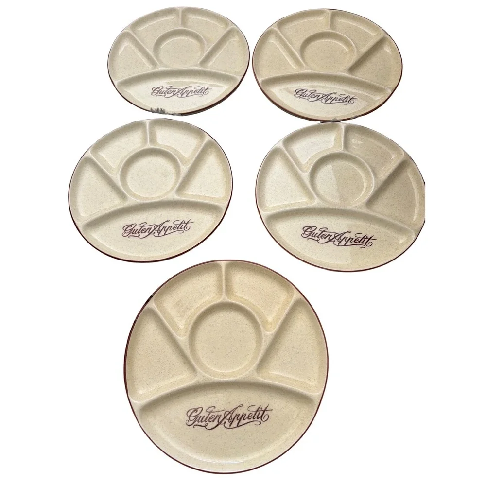Vintage‎ Guten Appetit Divided Fondue Plates Set of 5 Speckled Ceramic 9 Inch